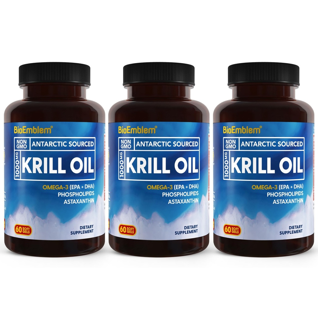 BioEmblem 3 Pack 南极磷虾油 1000mg软胶,Omega-3s 含高水平EPA + DHA, Astaxanthin,和磷脂,支持脑健康,180-Count Non-GMO,Gluten Free,90天供应