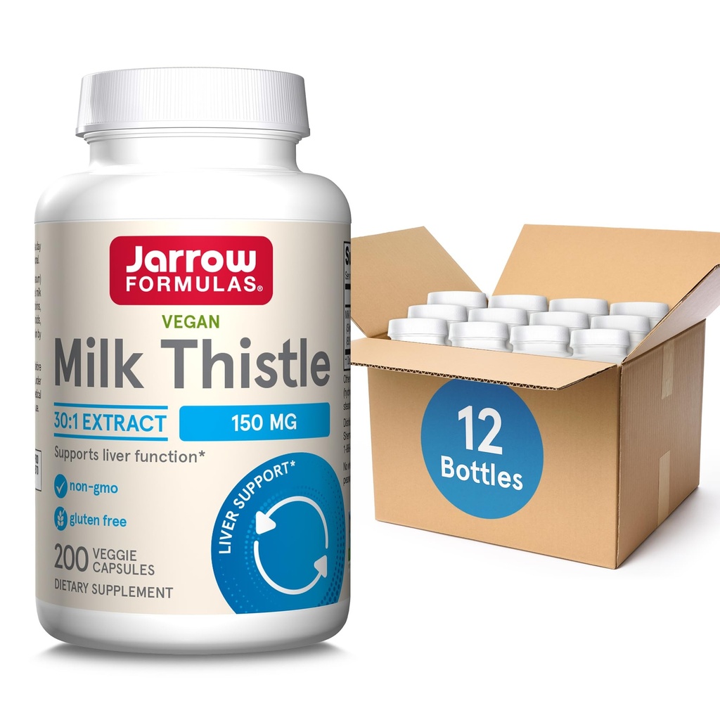 Jarrow Formules 牛奶 硝酸盐 150 mg 配有 30:1 标准化的Silymarin 提取,肝功能支持的饮食补充, 200 Veggie Capsules, 66-200 日供应, 12 包