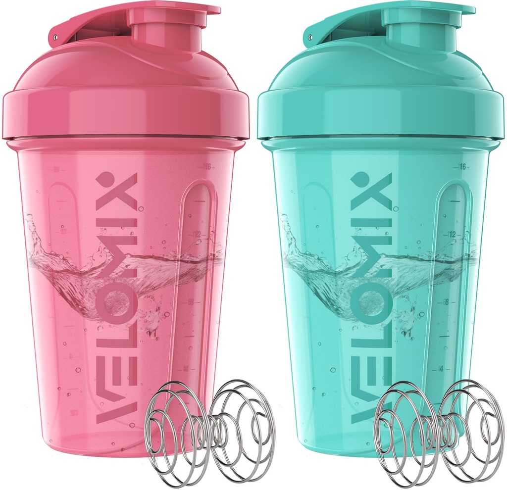 VELOMIX -2 Pack - 20 oz 蛋白质摇摆瓶 蛋白质搅拌机 - 2x Wire Whisk - | Leak Proof Shaker Cups for Protein Shakes and Pre Worout - | 蛋白质摇摆瓶包装(Pink/Turquoise)