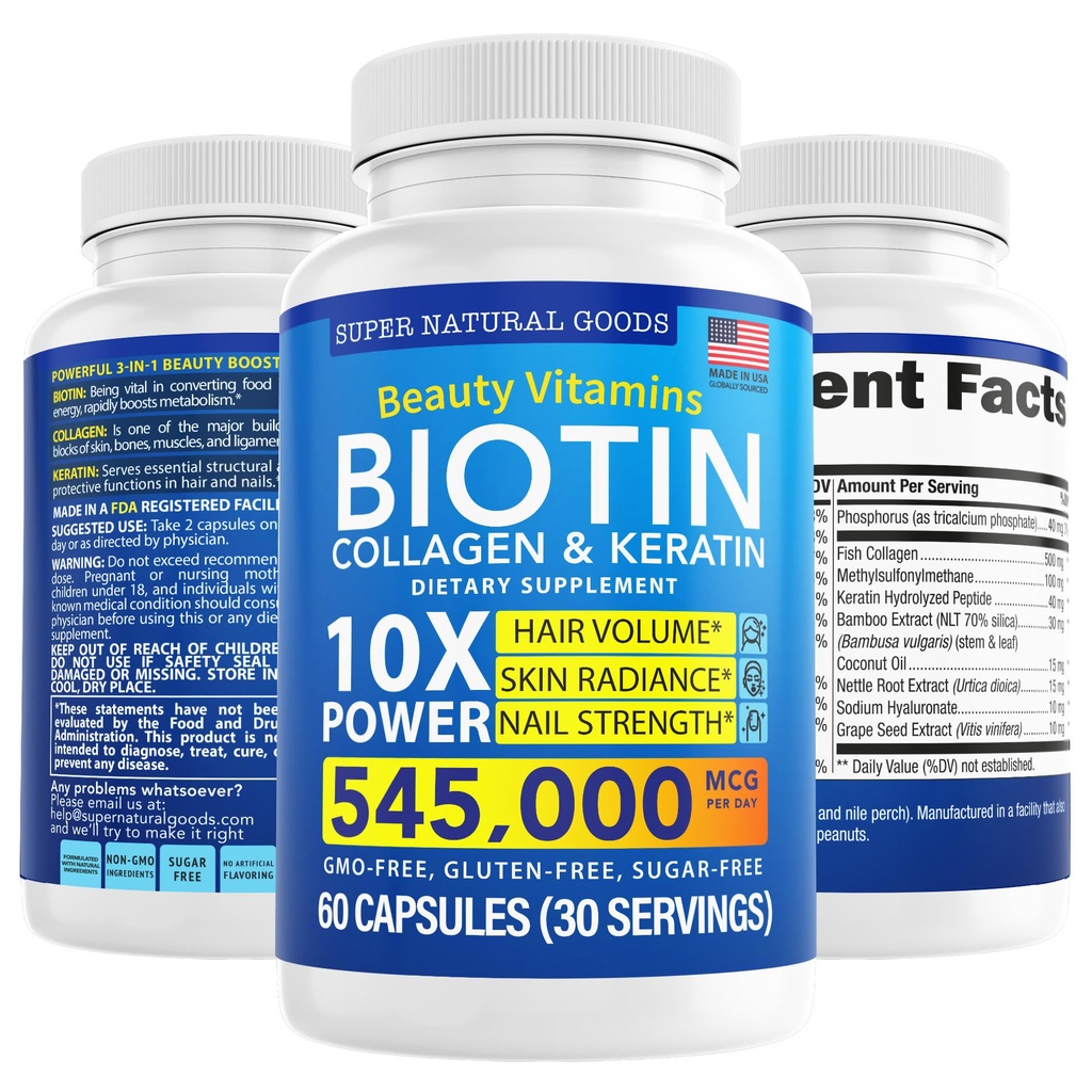 Biotin和Collagen维生素 + Keratin 与Folate -- -- 妇女和男子的头发丢失治疗 -- -- 泡沫、皮肤和钉子对头发生长和产后支持的补充 -- -- GMO Free & Gluten Free(60盖)