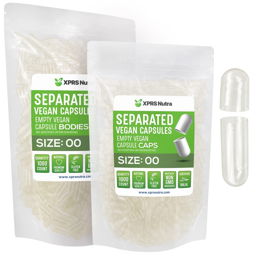 XPRS Nutra Vegan 大小 00 分离的卡普勒斯 - 1000 计数 Premium 空卡普勒斯 分离在袋中 - 清除空卡普勒斯 00 用于 DIY 补充填充
