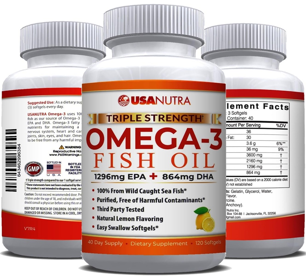 Omega 3 鱼油补充剂3600毫克,配有环保局和DHA 男女支助联合、脑和心脏健康120 软胶,40天供应