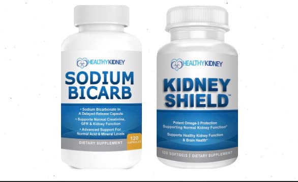 肾脏盾牌Omega-3 鱼油和钠 Bicarb 2 包装包 支持正常肾功能和酸水平
