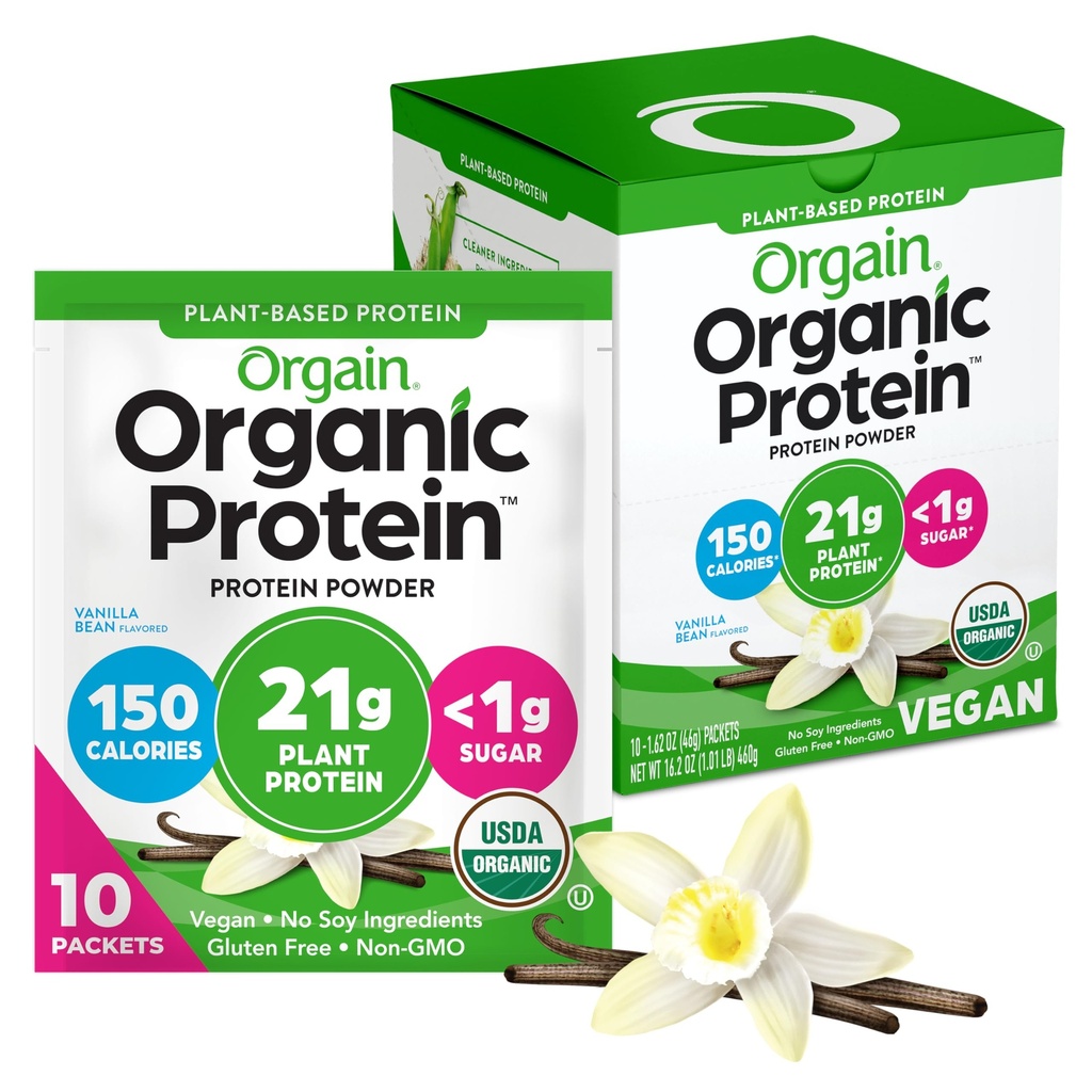 Orgain 有机维冈蛋白粉、香草豆-21g 植物蛋白、5g 预生纤维、低碳、无乳糖成份、无添加糖、非GMO、用于摇晃和滑动、10个旅行包装