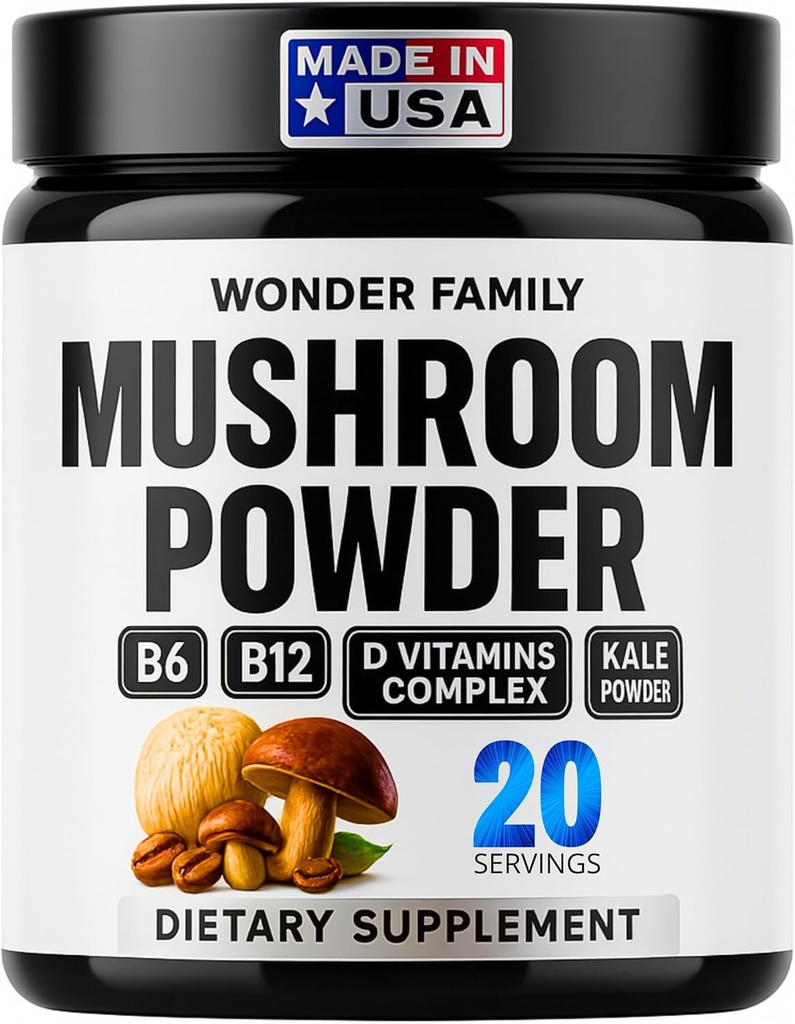 即时蘑菇粉 10:1 – Cordyceps Mushroom Supplement with Reishi, Chaga & Shiitake – Cafeine-Free Nighttime Drinch with B6, B12, D + Probiotics Cacao 有机搅拌剂(无甜酒)