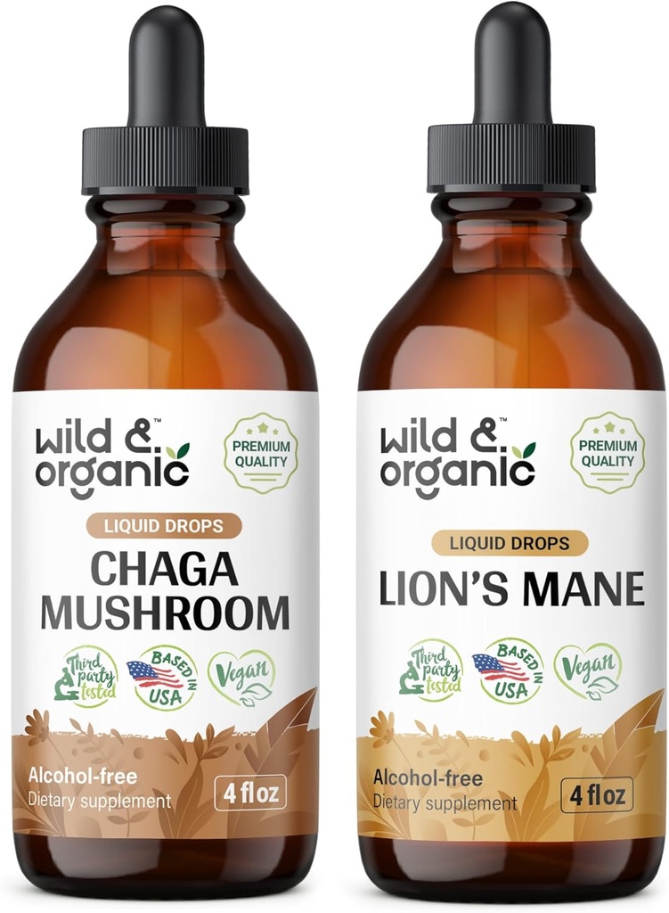 野生和有机的Chaga蘑菇 Tincture 4 fl oz & Lion的Mane蘑菇 Tincture 4 fl oz