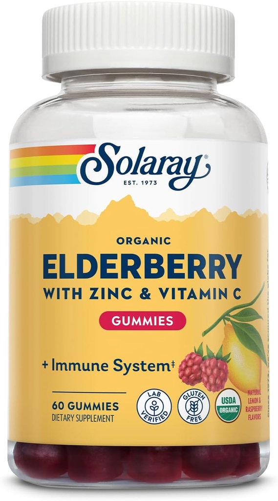 SOLARAY 有机老莓果汁 w/Zinc & Vitamin C 健康免疫系统支持 | Gluten Free | 30 Serve, 60 Ct