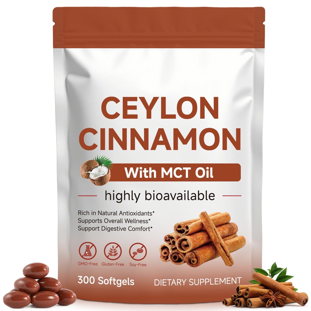Ceylon Cinnamon Softgels for Metabolism Support & Digestive Comfort | 300 Count | GMO-Free, Gluten-Free, Soy-Free