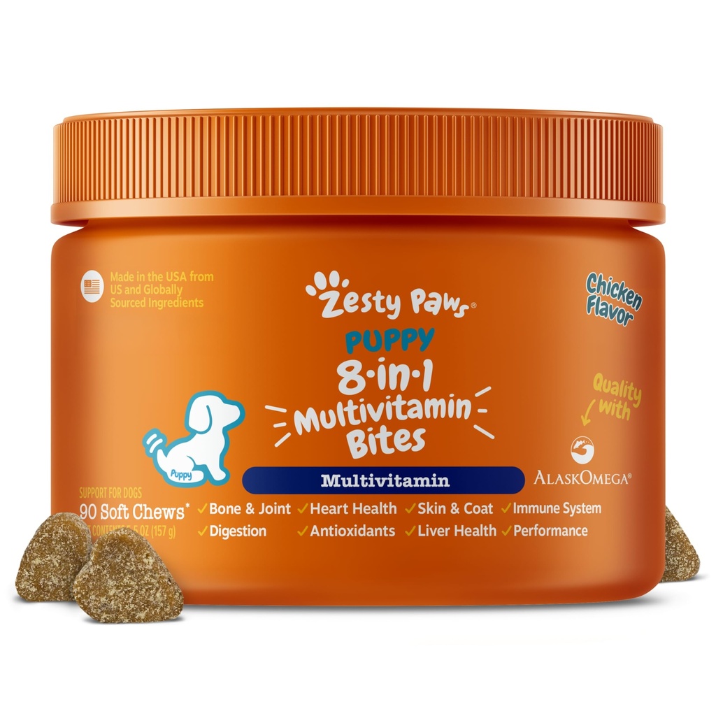 Zesty Paws 狗多维他明,可嚼狗维生素和Hip & jops,Skin & Coat,Omega 3鱼油换狗-Pappy 多维他明 - Chicky Pppy Bites - 90cmt