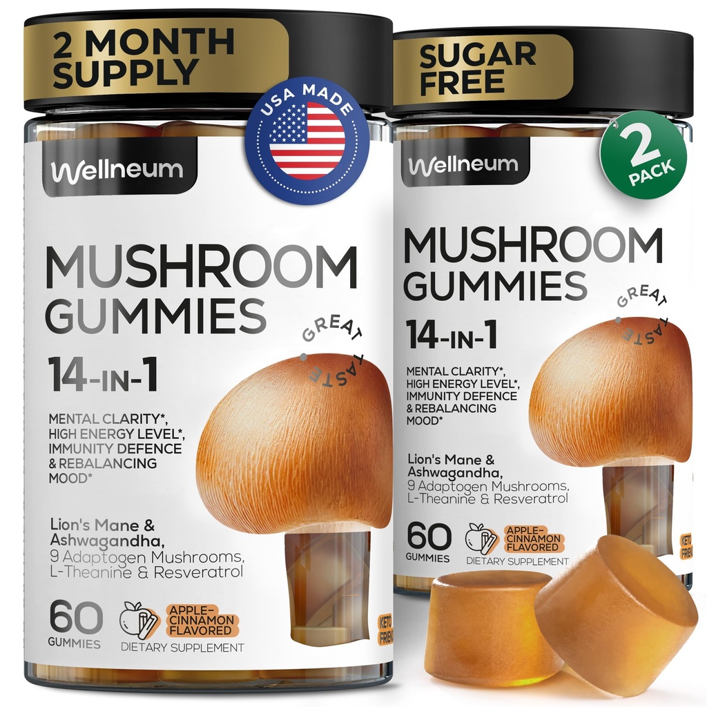 蘑菇Gummys 5000 Mg 120 Pcs (2 Pack) - 狮子马恩和9 适应性蘑菇 Blend - Ashwagandha, L-Thenine - 蘑菇Gummys for Energy, 豁免,焦点,脑靴 - 无糖和转基因组
