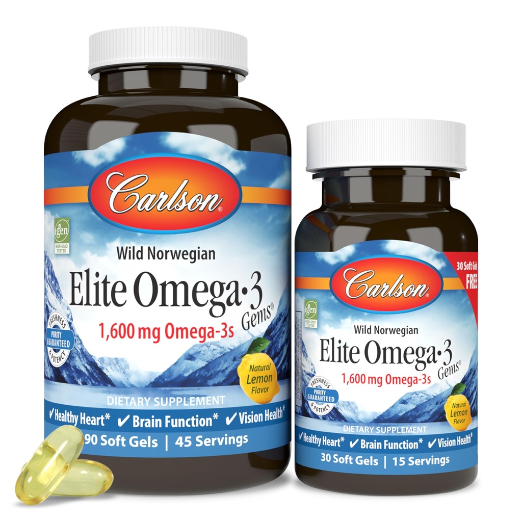 Carlson Labs Elite Omega-3, 1600 mg, Gems Fish Oil Soft Gels, Natural Lemon Flavor, 2 Pack (每个120个计数)
