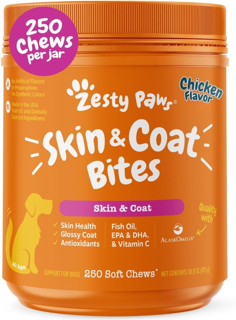 Zesty Paws Omega 3 Fish Oil for Dogs - Zesty Paw Dog 维生素和Hip, Joint & Skin, Chicken (250 Chews)的副产品.