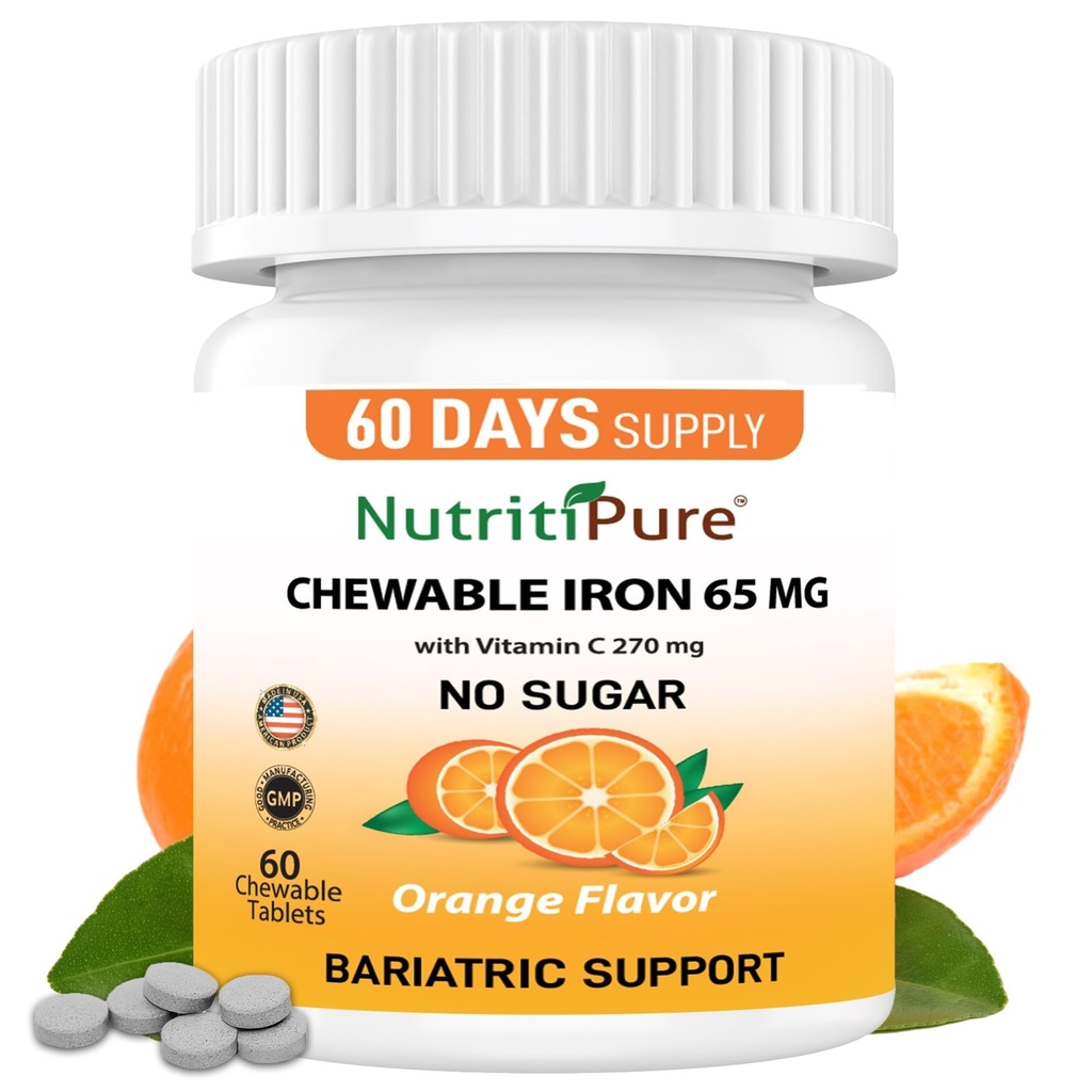 含维生素C 270 mg(女性/男性)的可嚼铁 65 mg(含维生素C 270 mg) QQ60天供应QQ无糖-泽西橙色Flavor 补充60 Counter