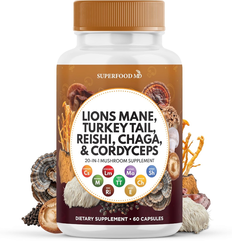 狮子马恩蘑菇 与土耳其 Tail Reishi Cordyceps Chaga 与 棉花糖根 - 60 个