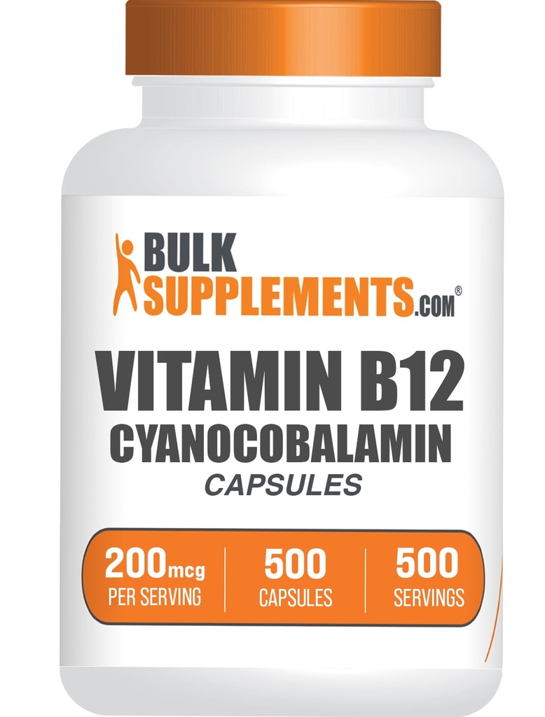 Bulk Assupports.com 维生素B12 Capsules - as Cyanocobalamin, 维生素B Supplement, 维生素B12 200 mcg - 能量维生素, Gluten Free, 1 Capsule per Service, 500 Capsules (Pack of 1)