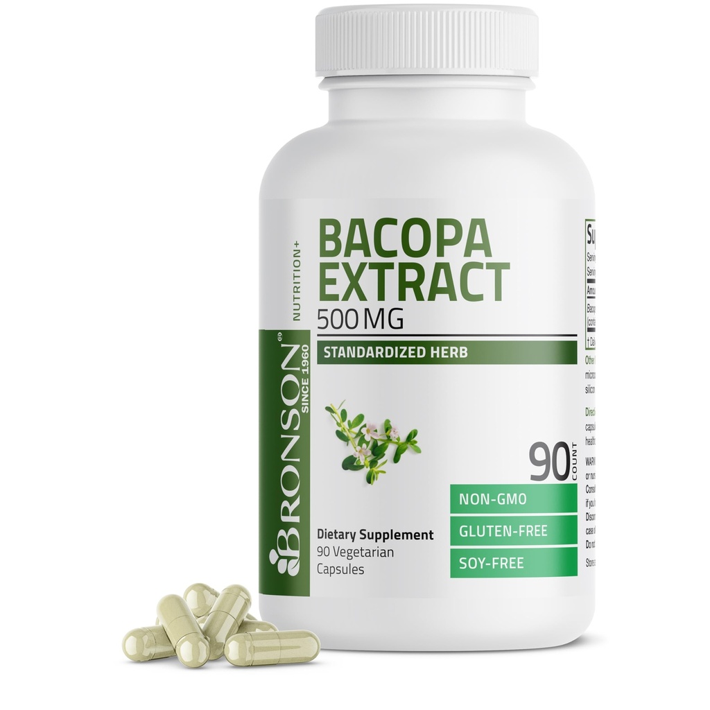 Bronson Bacopa Monnieri 提取500 mg - 促进精神清晰度和大脑功能 - 非转基因生物, 90 植物卡普尔