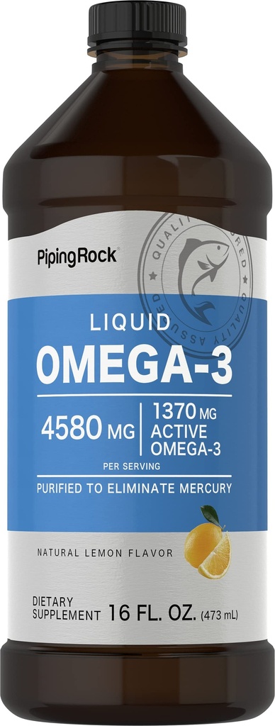 Piping Rock Omega 3 Fish Oil Liquid Supplement 16 Fl Oz 16 Fl Oz 无汞 莱蒙 Flavor 1370 mg Active Omega 3 男与女 | 非GMO, Gluten Free