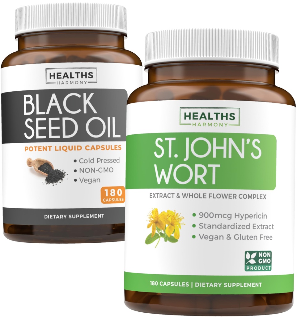 黑种子油 & 圣约翰蠕虫(3-Month Supplement) 和谐 Essence Bundle of Black Seed Oil (180 Capsules) 冷前奈杰拉·萨蒂瓦 & 圣约翰蠕虫(180 Capsules) 配有强大的900mcg Hypericin