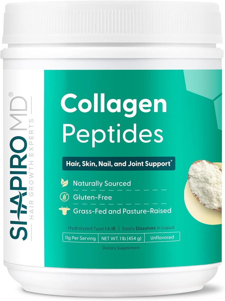 Shapiro MD 毛发生长专家 Collagen Peptides Powder, Collagen Powder 用于毛发,皮肤,钉子和联合支持,I & III 水解 Collagen 用于易吸收,11g Collagen - 16 oz.
