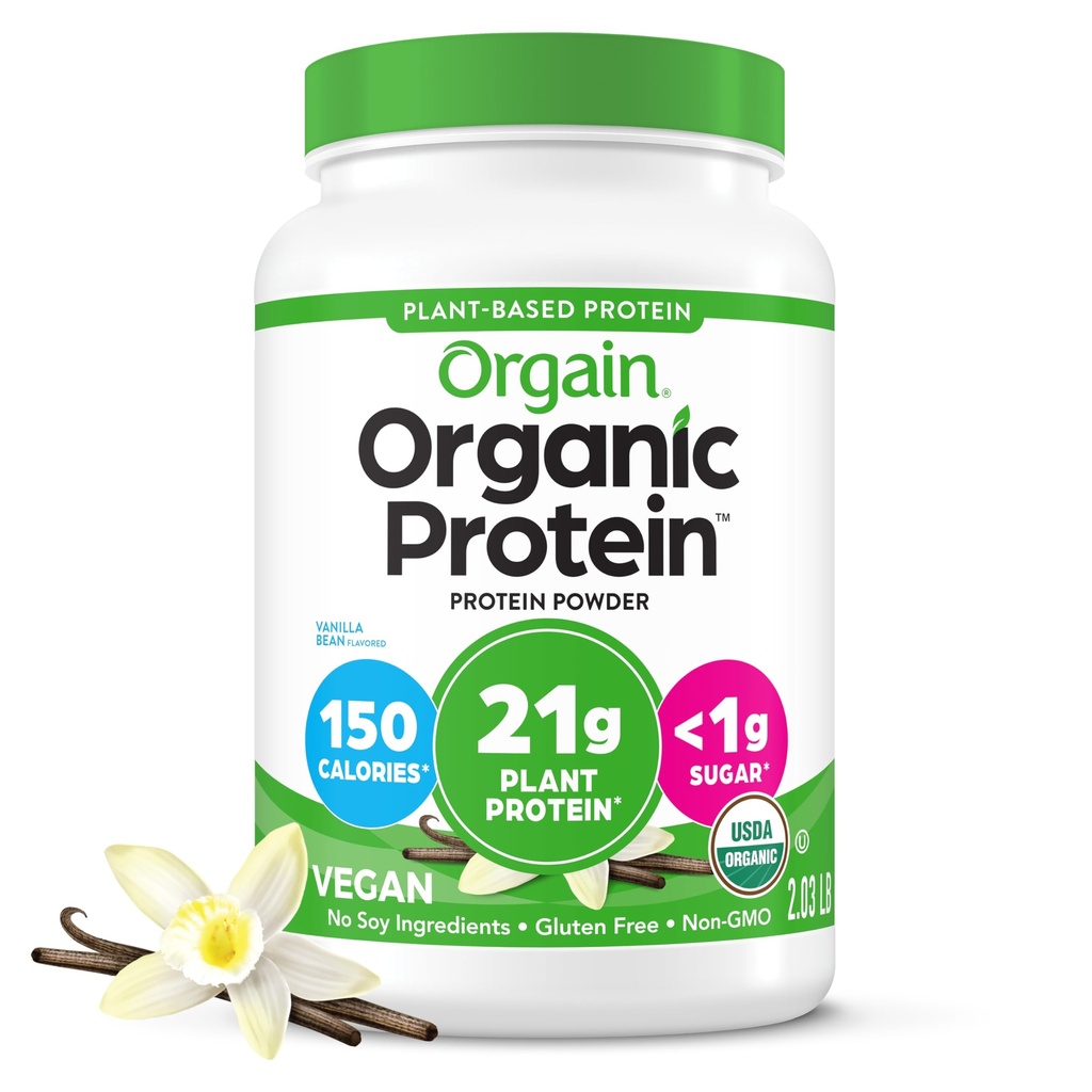 Orgain 有机维冈蛋白粉,香草豆仁 - 21g 植物蛋白,6g Prebiotic Fiber,无乳糖成份,无添加糖,无GMO,用于摇晃和滑动,2.03磅(包装May Vary)