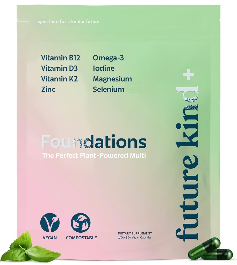 Future Kind Carrageenan-Free基金会 Omega-3、B12、D3、锌、碘、镁、K2 & Selenium、Vegan、Composidable Bag(60克特)的男女多种维生素