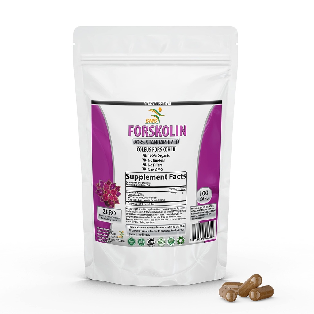 纯福斯科林抽取补充剂,配有Potent Coleus Forskohlii 20% 增强能源标准化1000毫克 -- -- 男女植物能源补充剂 -- -- 100 Veggie Capsules