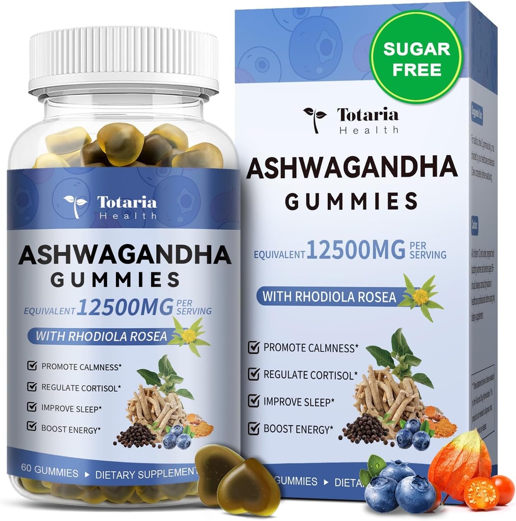 Totaria Sugar Free Ashwagandha 填充Gummys 2500mg w/Vitamin D3 甘油镁、Rhodiola 超强阿斯华根补品 妇女和文,用于放松、能源、蓝莓火焰
