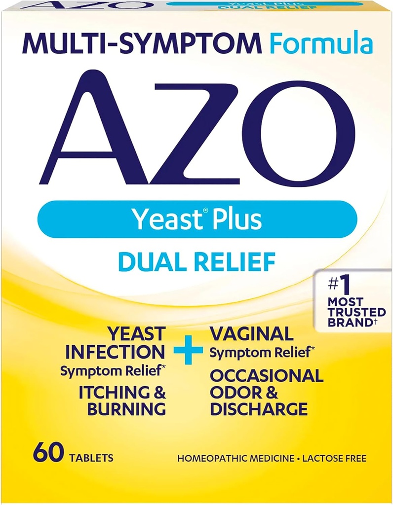 AZO Yeast Plus 双重救治药片, 酵母感染和阴道症状救治, 解放阴道痒症和烧伤, 60 计