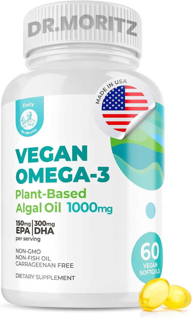 DR. MORITZ Vegan Omega-3 成人和儿童软胶,用藻油制成,DHA EPA, Small Algae Omega 3 补充品, Vegan, 60 Counter