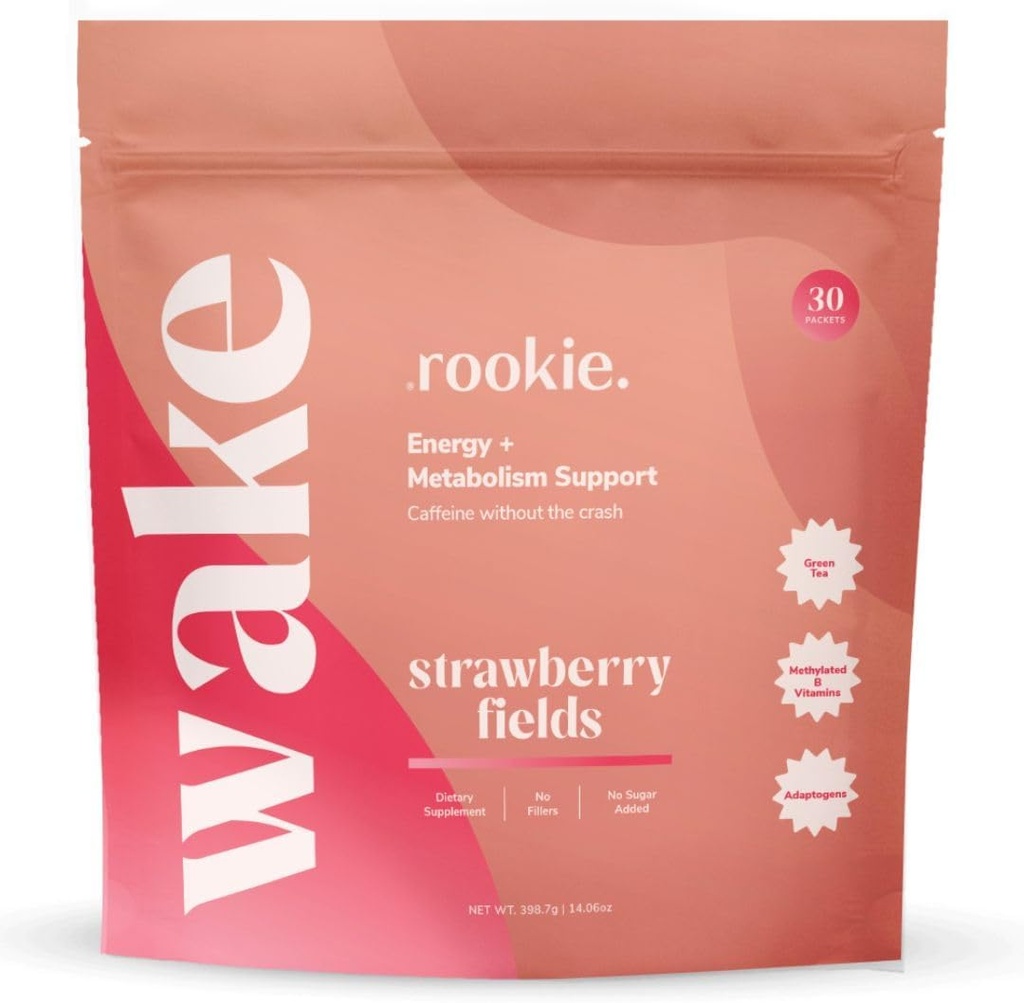 Rookie Wellness Wake - 天然能源饮用粉末,用125毫克咖啡因从绿色茶叶提取,B-Complex Vitamins, Ashwagandha提取, & Guarana提取(30份服务,草莓田)