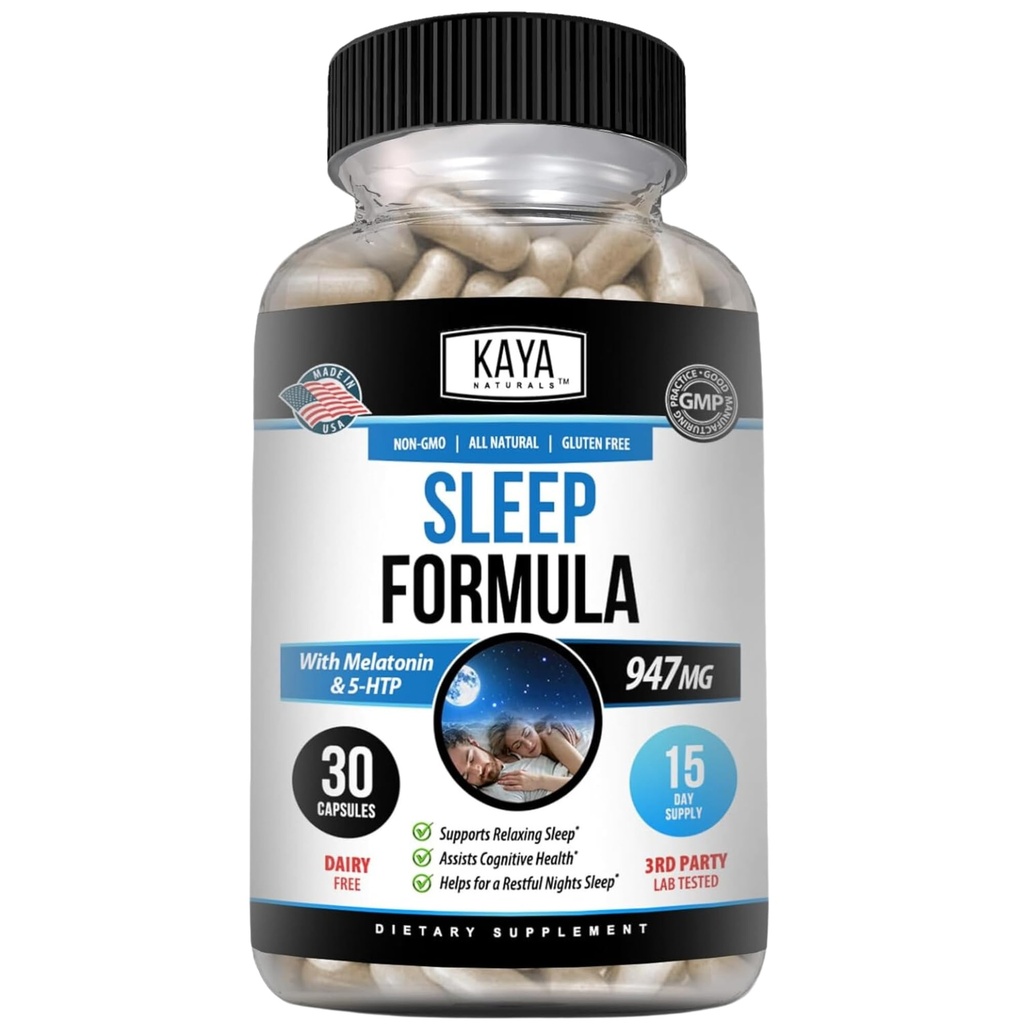 Kaya Naturals - 与梅拉托宁的睡眠支持公式 - 援助支持维他命补充剂 - 睡眠压力和Mood支持 - L - Tryptophan, Passion Flower, Ashwagandha and More (30 Counter)