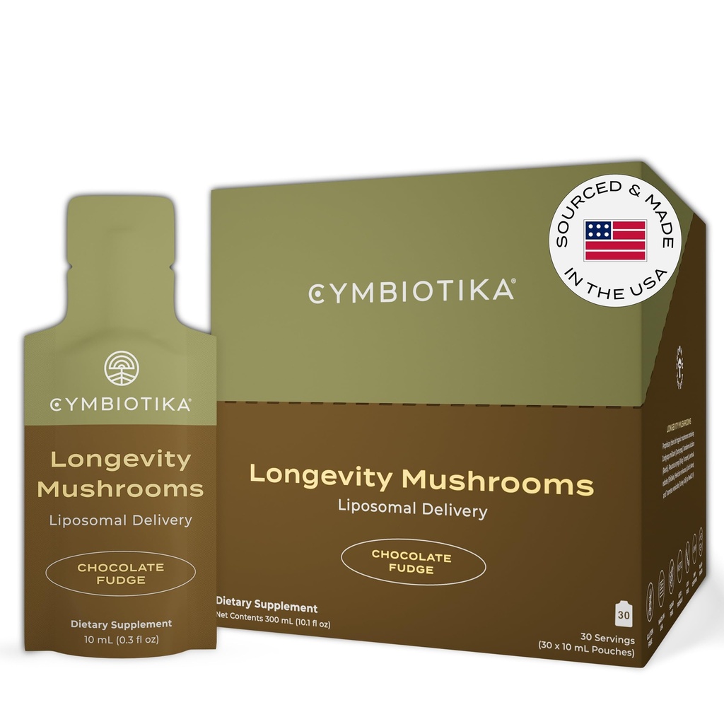 CYMBIOTIKA Liposomal 蘑菇补充品,配有狮子的马恩,土耳其的Tail,B-维生素,Cordyceps和Reishi 蘑菇, 免疫支持和能源补充品,巧克力软糖, 30 Pack