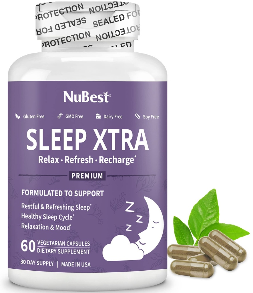 NuBest Sleep Xtra |支持成人健康睡眠 |维生素 B6,梅拉托宁, Ashwagandha, Chamomile, Valerian & More - Non Habit-Forming | 60 Vegan Capsules |1个月供给