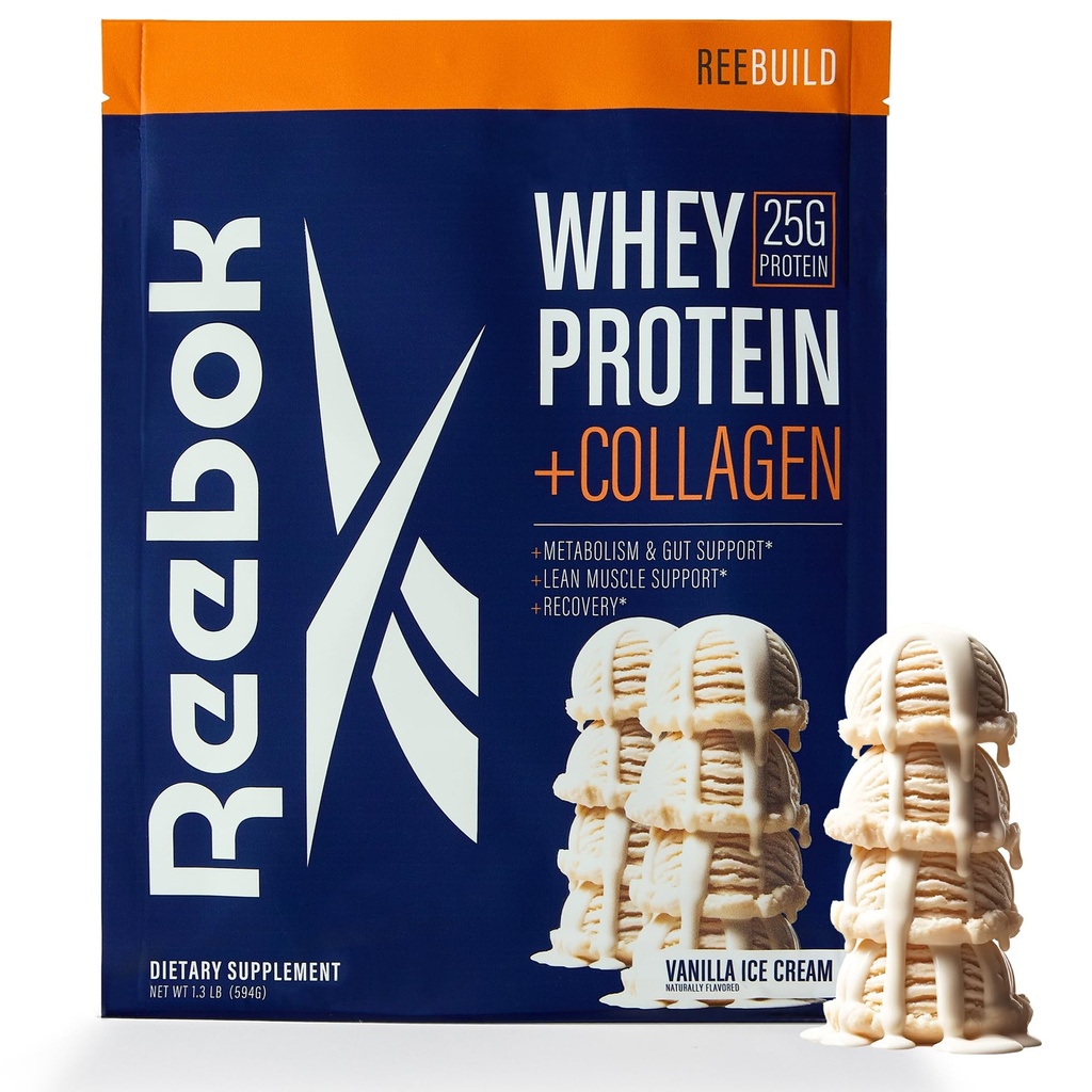 Reebok Whey蛋白蛋白粉 + Collagen Peptides + 25g 蛋白质,含有9个基本氨基酸 → 肌肉恢复,联合和固态支持 → 知情-体育认证 → ReeBuild Vanilla Ice Cream Flavor, 1.3 lb