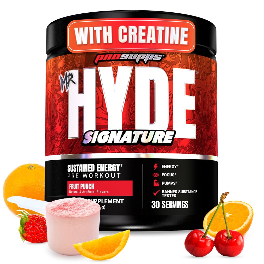 PROSUPS先生 与Creatine、Beta Alanine和Cafeine合作的Hyde Signative Power工作前粉 -- -- 性能、能量和耐力 -- -- 男女的清洁健身和健身补充品(Fruit Punch,30名服务员)