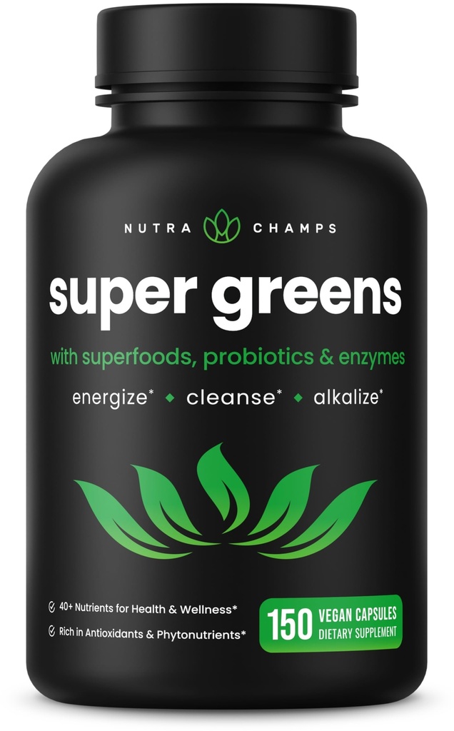 NutraChamps 有机超绿色卡普尔-阿尔法尔法,螺旋藻,氯氏菌和更多-抗氧化剂,消化酶和亲生复合剂-150绿色超食品卡普尔