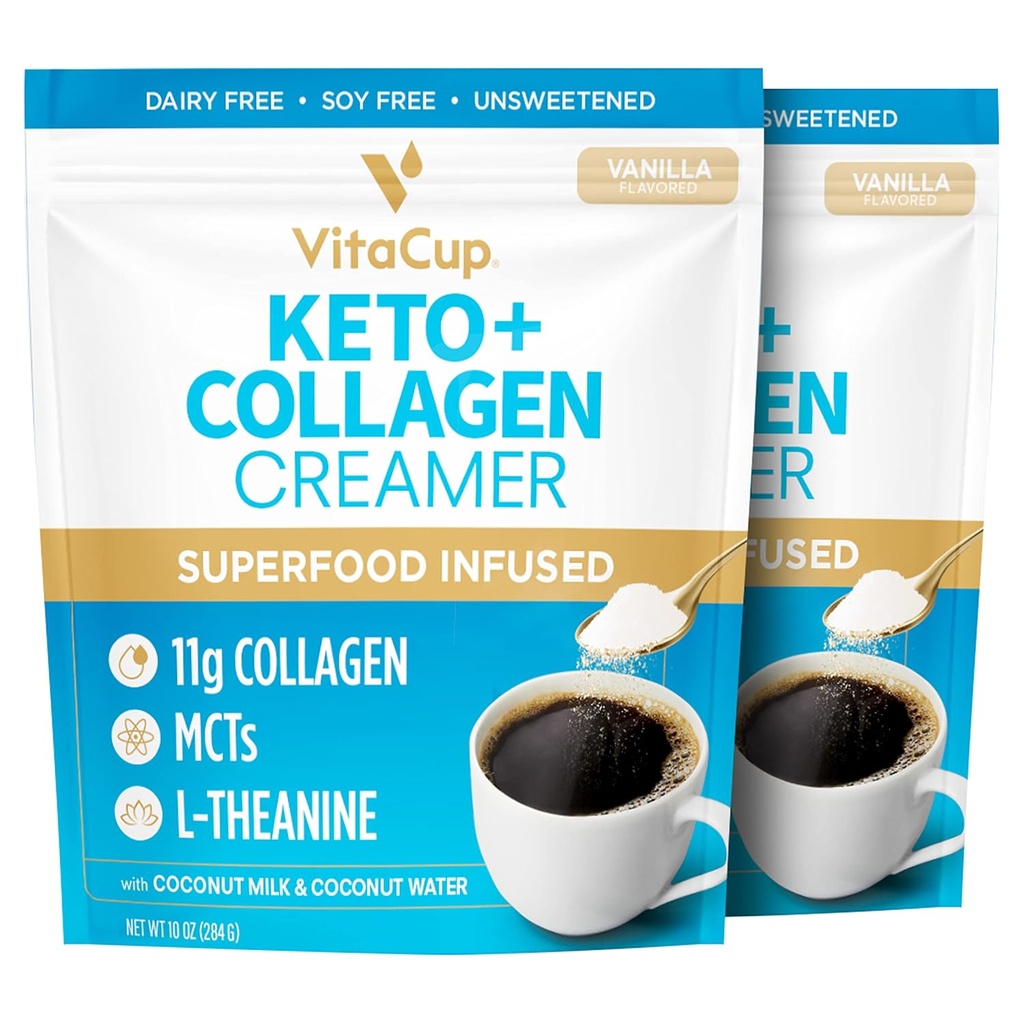 VitaCup Keto + Collagen Coffee Creamer Vanilla Flavor w/MCT, Collagen 蛋白质,椰水,L-Thein for Keto Det, Coffee, Smoothies, & Shakes,无乳品,Gluten-free,Soy-free,各2袋,10oz
