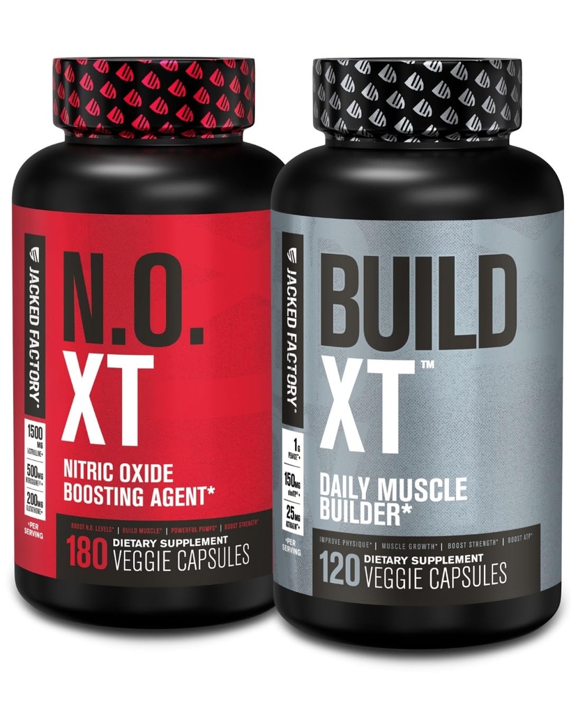 Jacked Factory Muscle Builder Supplement Stack - Build-XT Muscle Builder & N.O. XT 双支持的硝酸氧化剂(60天供应)