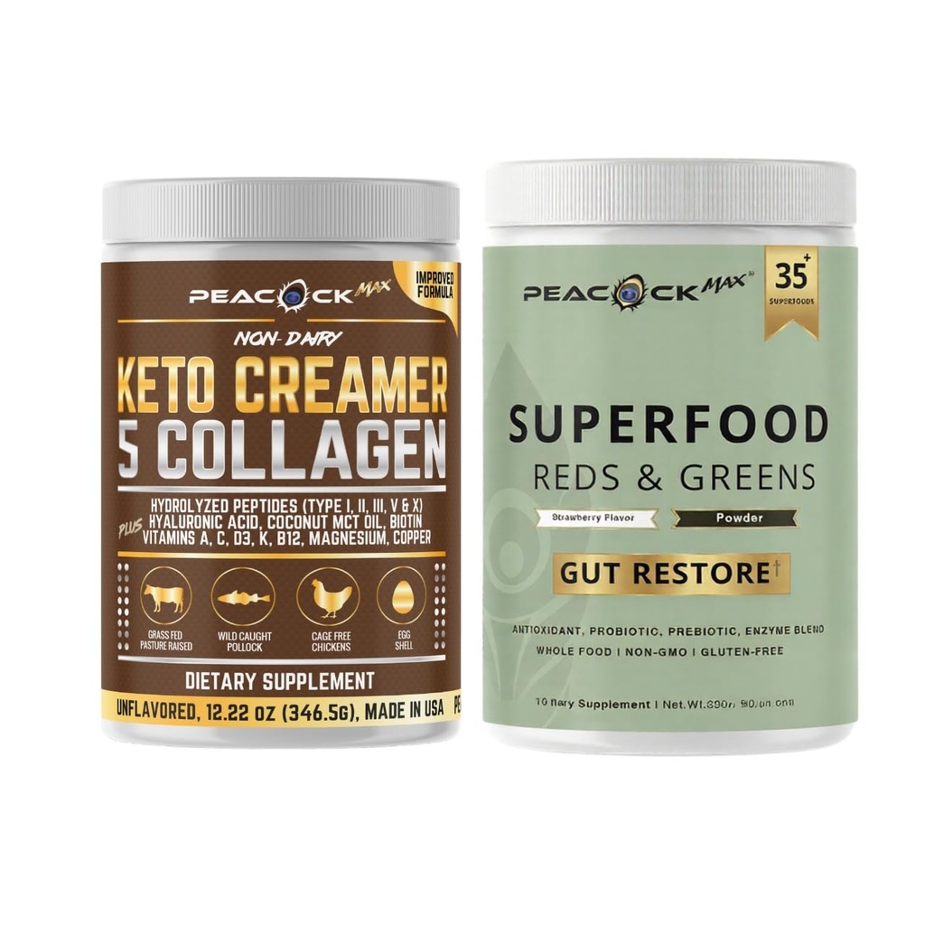 Collagen Keto Creamer & Superfood Reds and Greens Powder Bundle – Hydrolyzed Collagen with MCT & Organic Superfoods with Probiotics & Enzymes