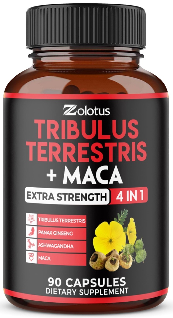 Zolotus Premium Tribulus Terrestris Capsules - 与 Ashwagandha, Panax Ginseng & Maca 组合 - 90个3个月的伯爵