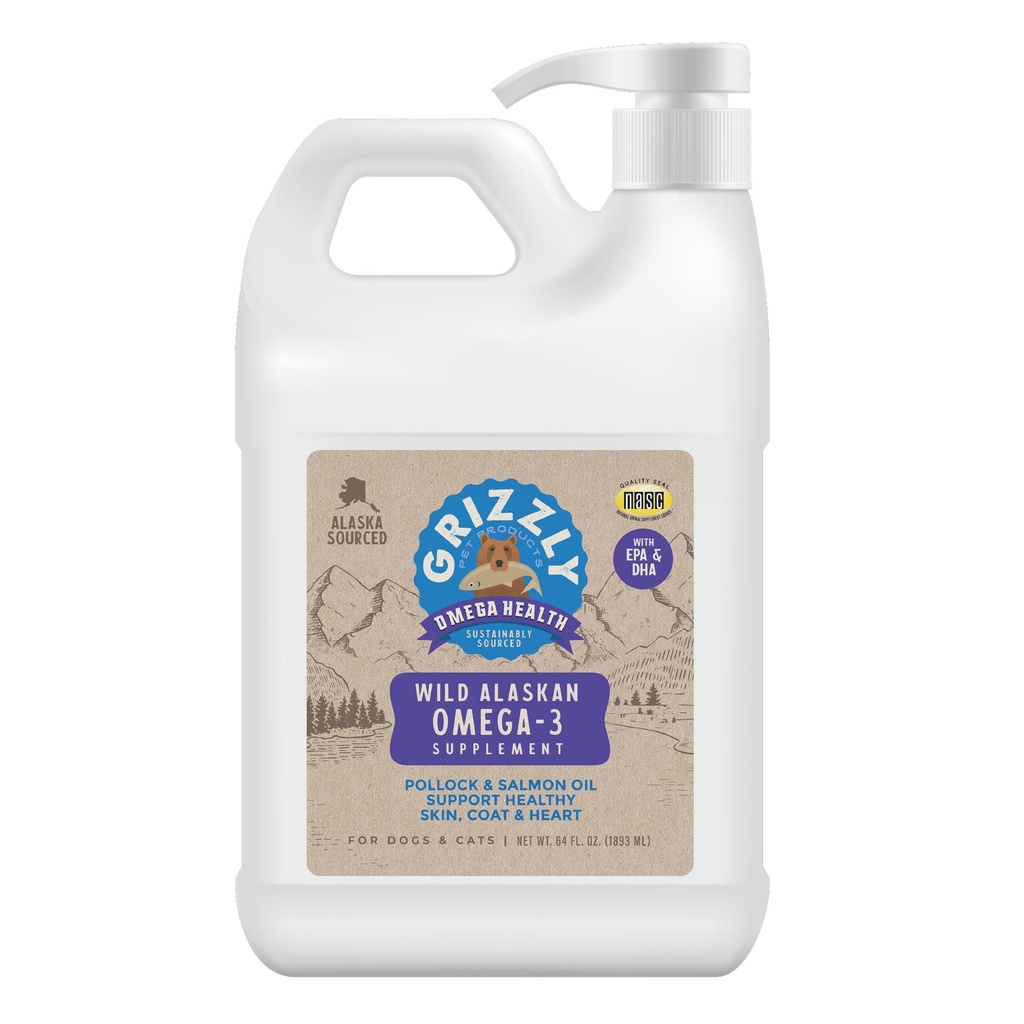 Grizzly 宠物产品 Omega 健康液体 Omega-3 狗和猫的补编,64 Ounce Jug