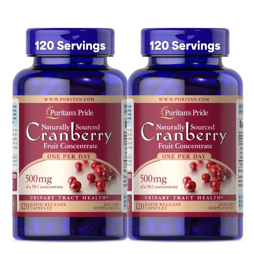 清教徒的骄傲 自然源头 Cranberry 每日1 水果集中500mg,50:1 尿道切除支持的饮食补充,4个月供应,120 快速释放瓶盖,2包
