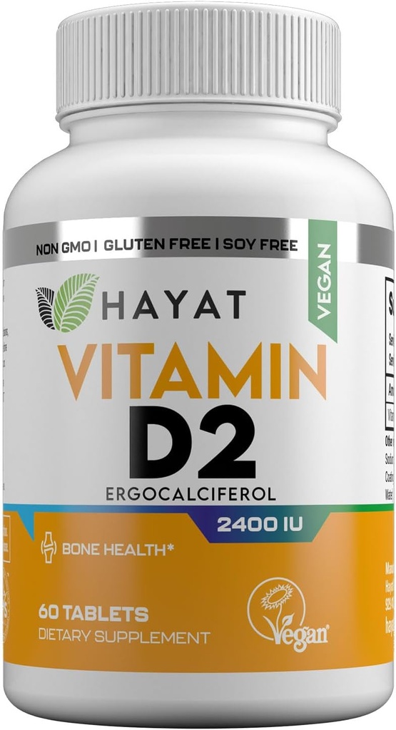 HAYAT 维生素 Vegan 维生素 D2 24 IU(60 MCG),Bone,Teeth,Muscle和Immune健康支助的饮食补充,2个月供应,全天然,经认证的Halal,60片,美国制造