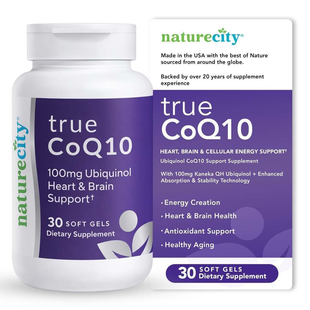 NatureCity True-CoQ10 Ubiquinol 100mg 高吸附力和 Stablized Kaneka QH CoQ10 心脏,脑和细胞能量补充剂 - (30 Soft Gels) Active CoQ10 作为 Ubiquinol