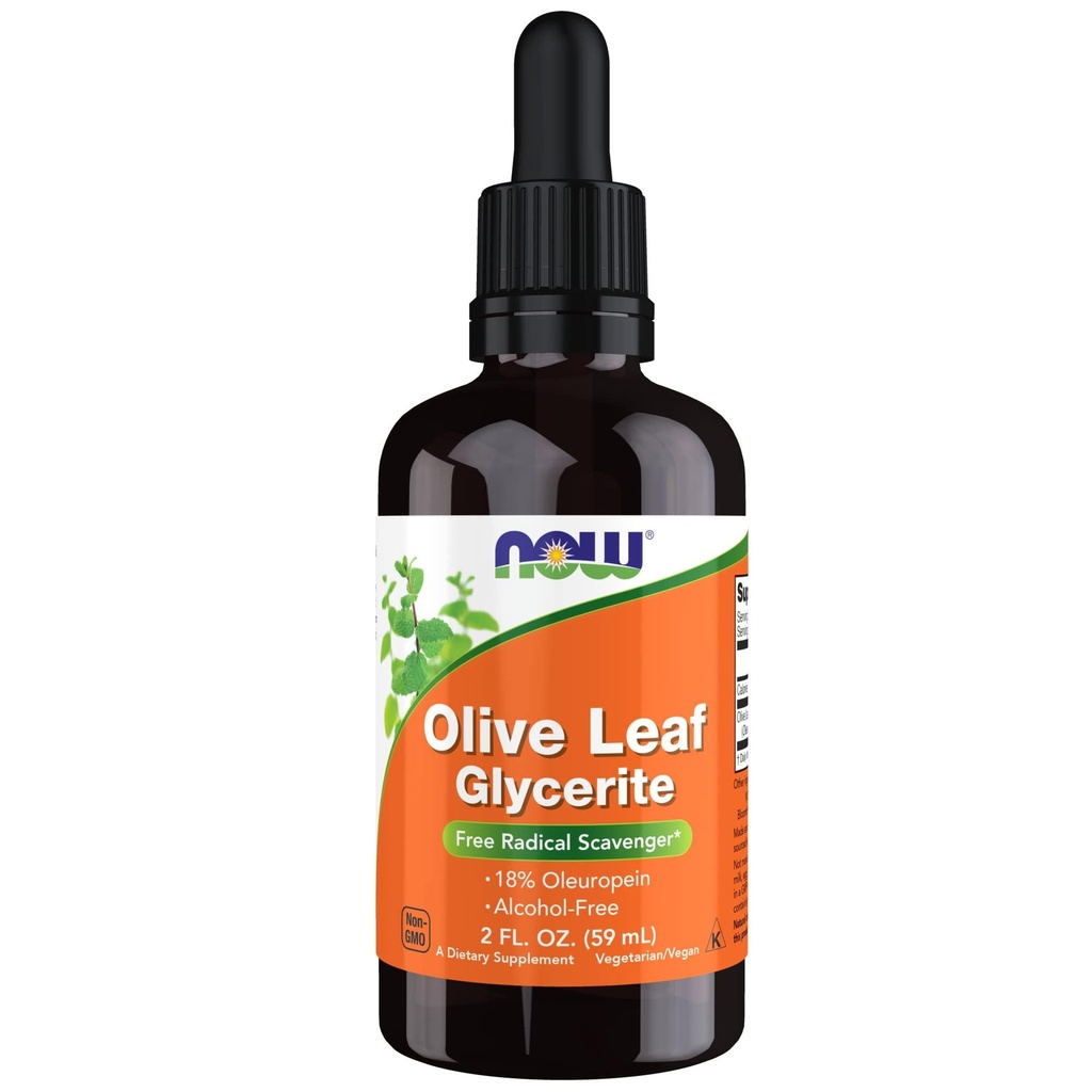 现在食品补充品,橄榄叶甘油液体,18% Oleuropein, Dropper Including, Free Rightial Scavenger *, 2-Ounce