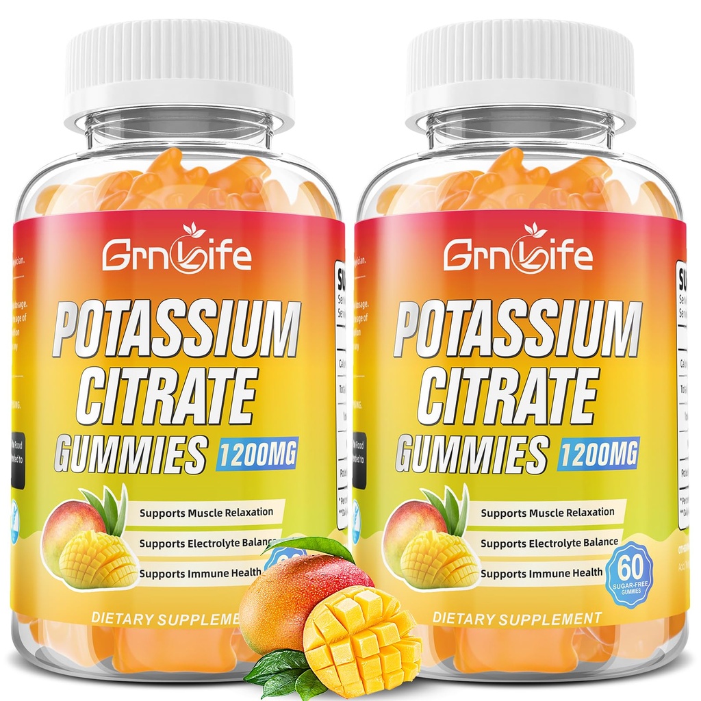 高钾补充Gummys 1200mg支持腿板和肌肉健康,成人和孩子的Potasium Gummys, Vegan, Mango Flavor 120 Count