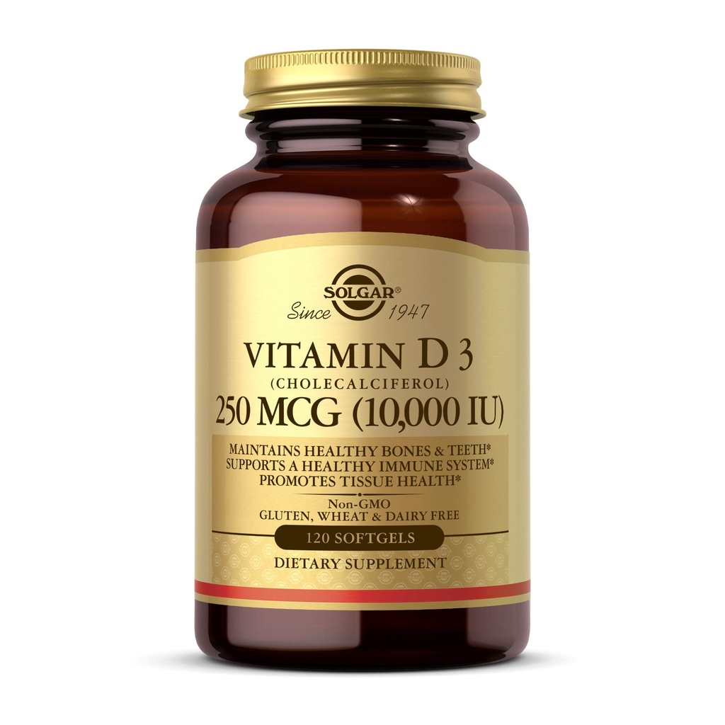 Solgar 维生素D3(Cholecalciferol) 250 MCG(10 000 IU),120 软胶 - 帮助维持健康骨骼和牙齿 - 免疫系统支持 - 非转基因生物, Gluten 免费,乳制品免费 - 120 服务