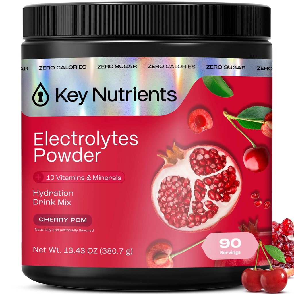 关键Nutrients 多维他命 电解石 无糖 - 甜樱桃 Pom 电解石 - 耐力与能量补充 - 水解粉 - 无卡路里 - 90种服务 - 在美国制造