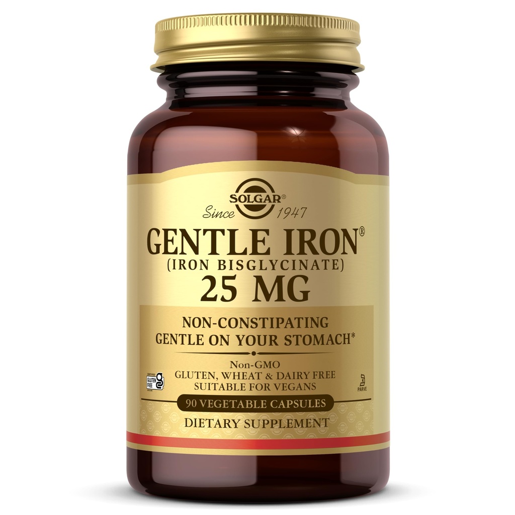 Solgar Gentle Iron 25mg, 90 蔬菜罐头 - 能量,正常的红血球生产 - 胃上的温柔 - 非GMO, Vegan, Gluten Free, Dairy Free, Kosher - 90 服务