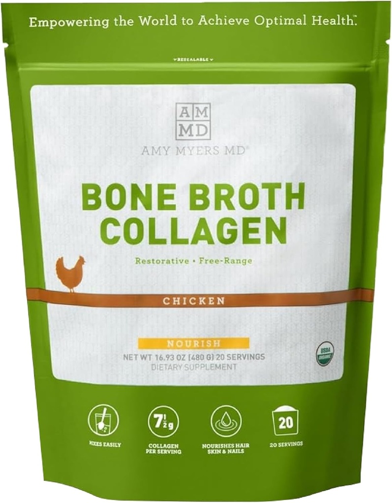 Amy Myers MD Bone Broth Collagen粉 - 有机鸡骨粉 - 支持健康皮肤和钉子 - 用于Gut健康与联合支持 - 20名服务者,鸡肉